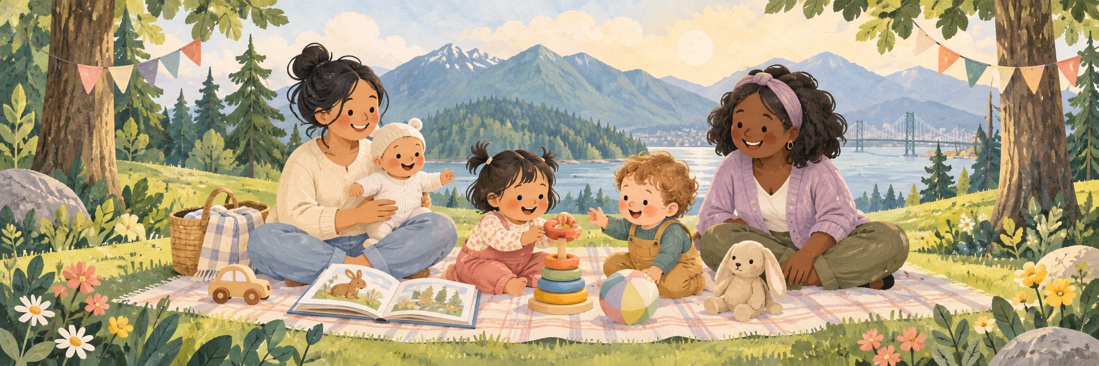 A sunny North Shore park with mountains, trees and families playing together