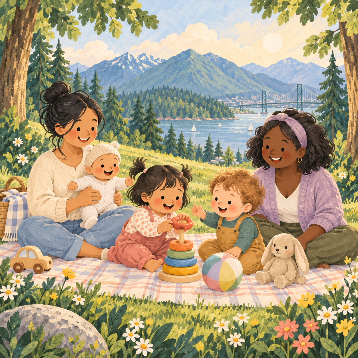 Parents and little ones sharing toys and a happy park playdate on the North Shore